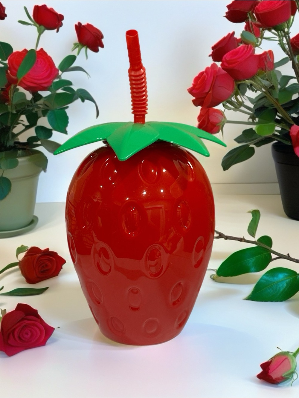 Strawberry-Shaped Red Drink Tumbler with Green Leaf Lid - Picture 2 of 3